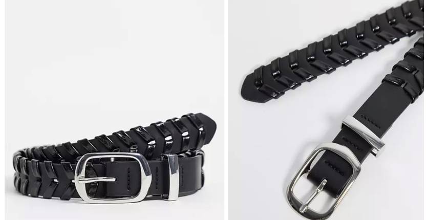 ASOS DESIGN Slim belt in black faux leather with whipstitch detail and silver buckle