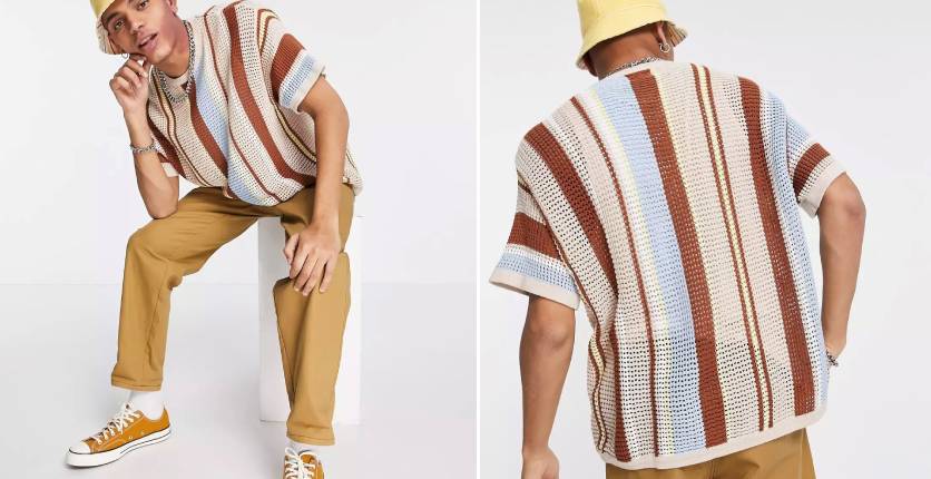 ASOS DESIGN Knitted mesh T-shirt in multicolour stripes
