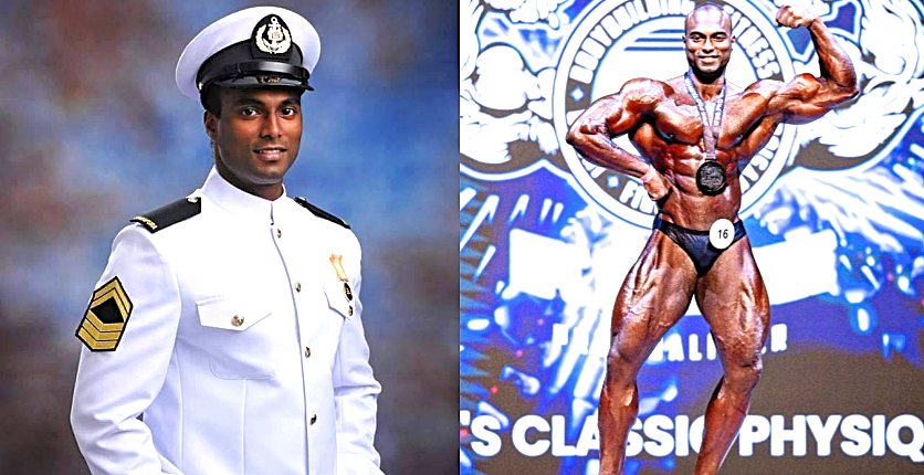 Danie Dharma as a Navy regular and at a bodybuilding competition