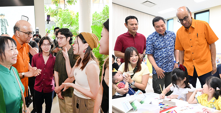 President Tharman Shanmugaratnam and Ms Jane Ittogi meet singer AEONA, and with the students at NurtureStars, SAFRA Choa Chu Kang