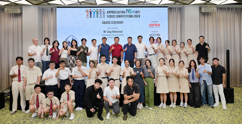 Senior Minister of State for Defence and President of SAFRA Mr Zaqy Mohamad with the participants of the Appreciating NSmen Video Competition 2024