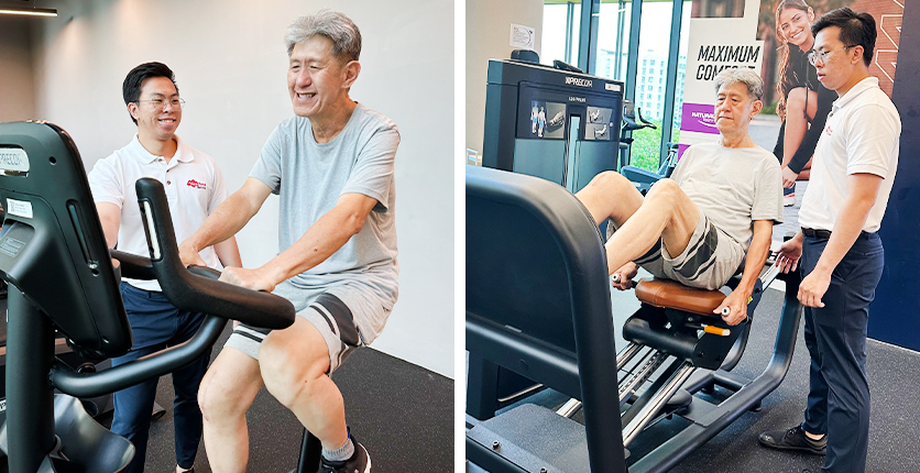 Senior male using exercise machines, being guided by instructor