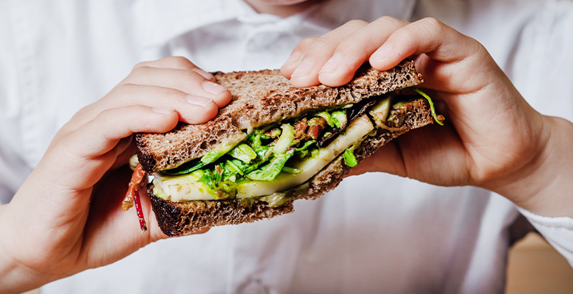 Close up of person holding sandwich